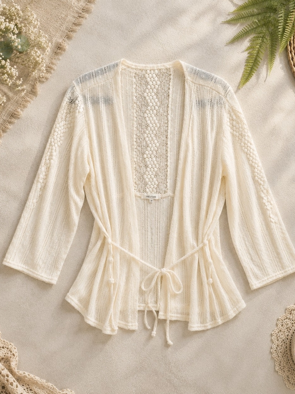 Maurices Cream Open Knit Tie Front Cardigan Lace Back Medium